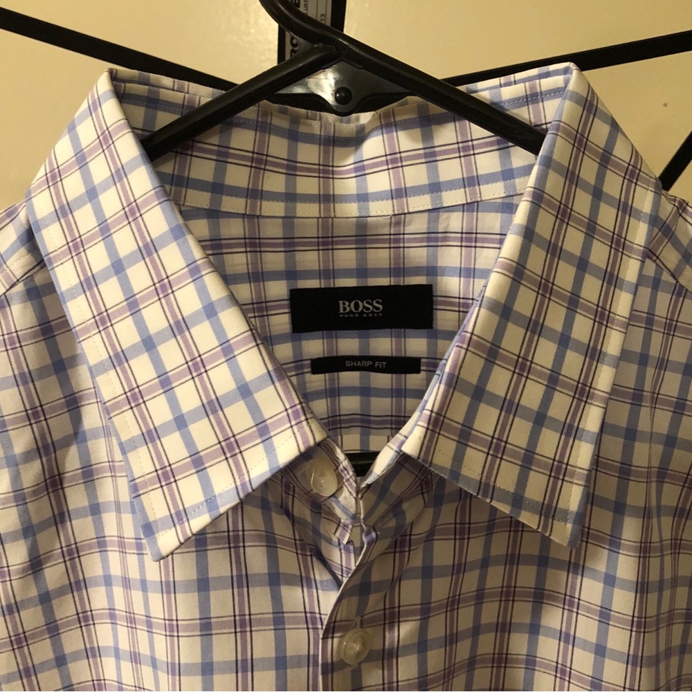 Hugo Boss Men's Purple and White Checkered Shirt